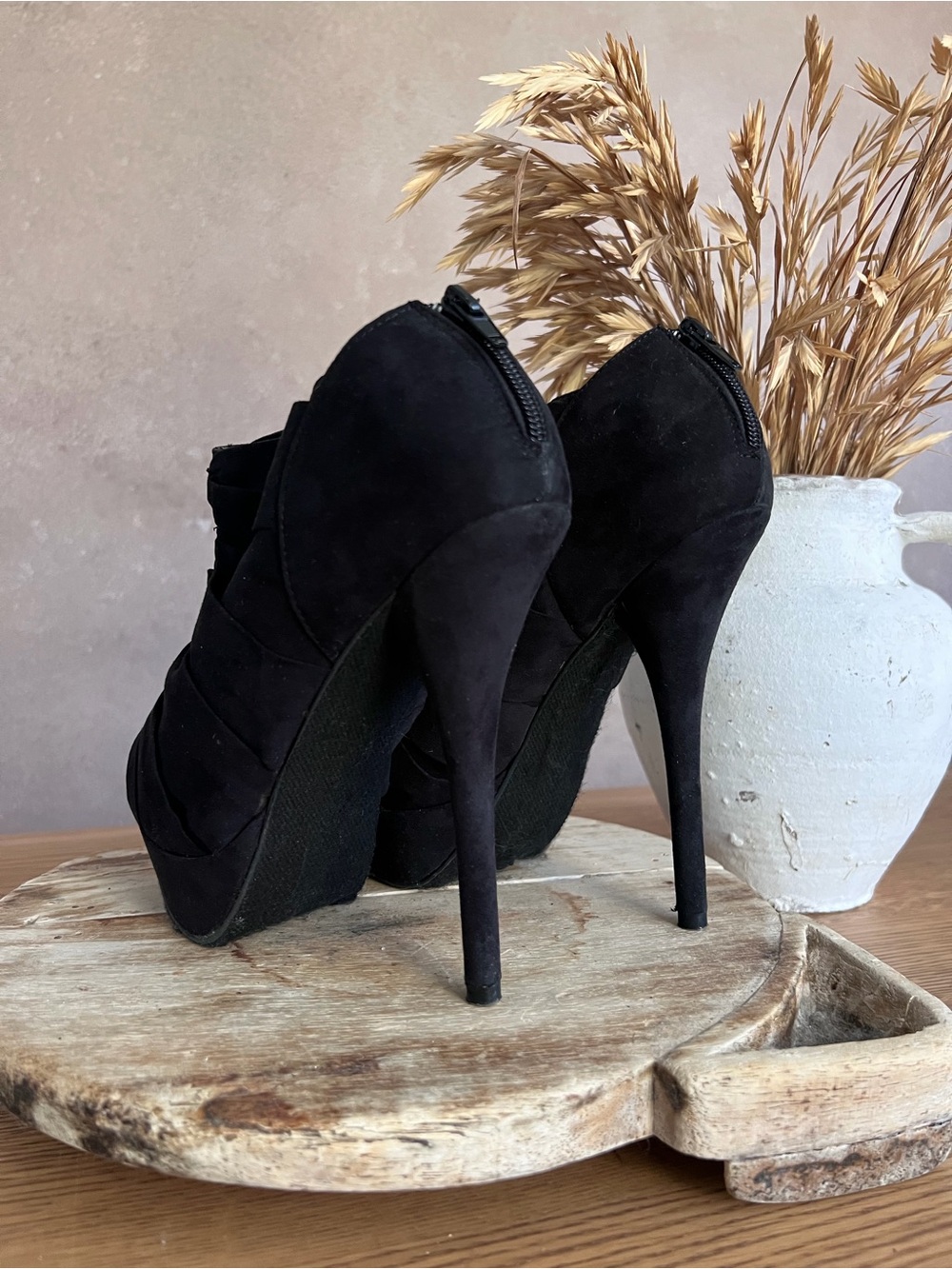 Black Ruched Peep-Toe Platform Stiletto Booties - DIVA Lounge SIZE 7 - Picture 2 of 10